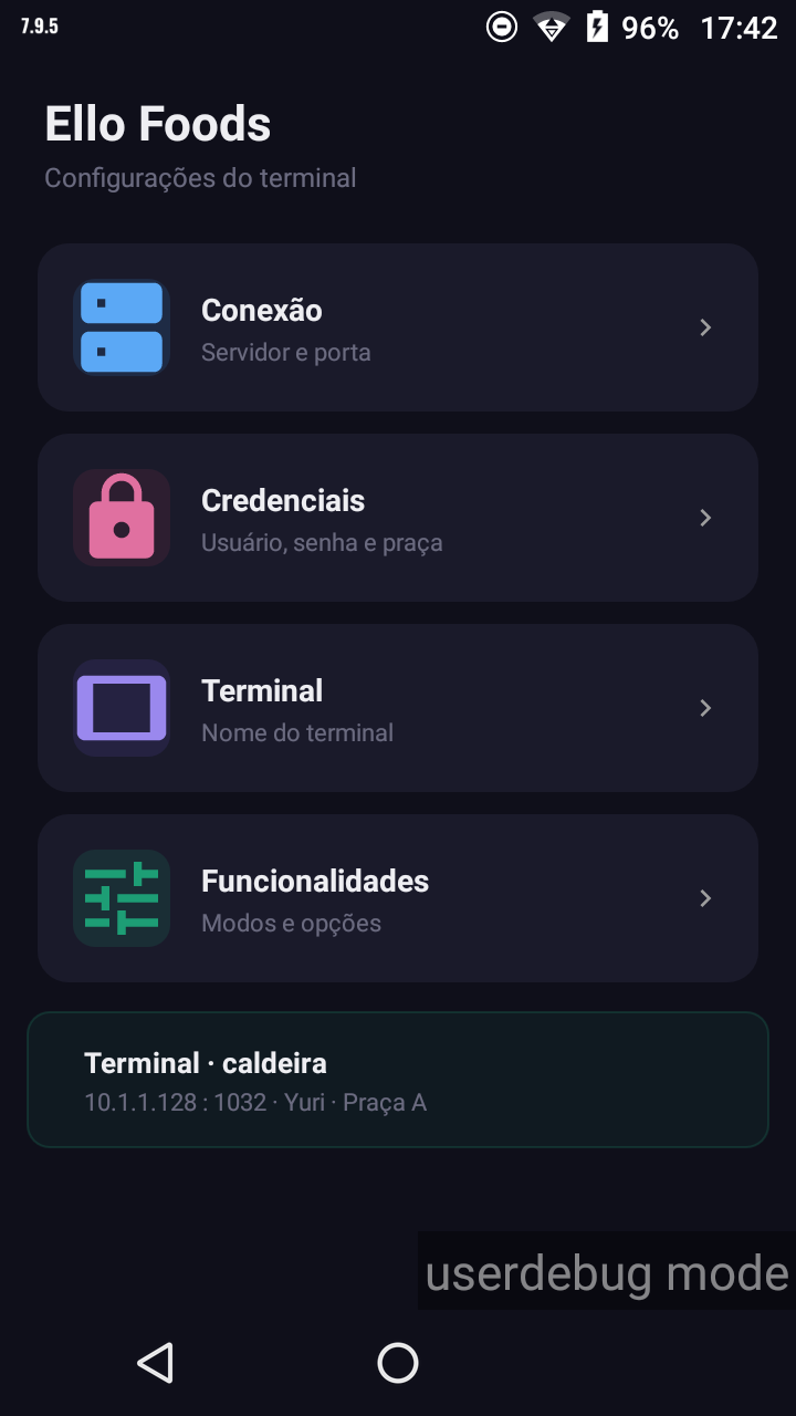 Tela de configurações (hub)
