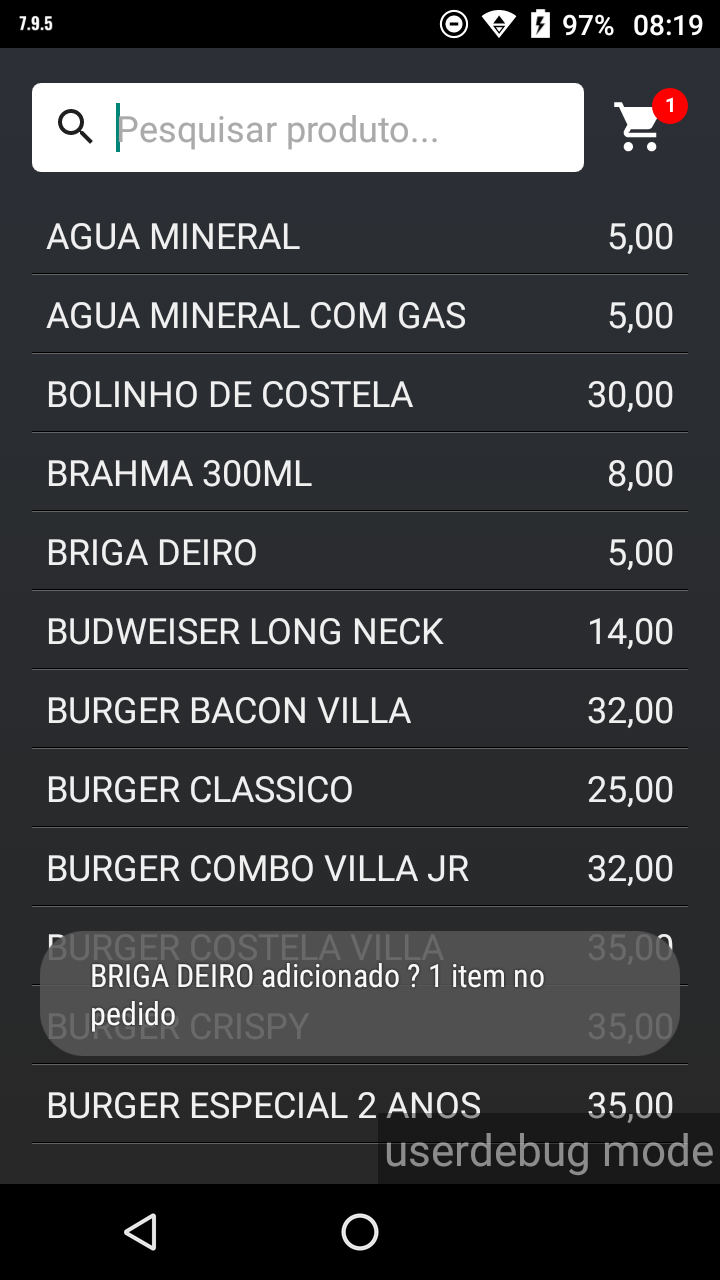 Pedido no modo Ficha